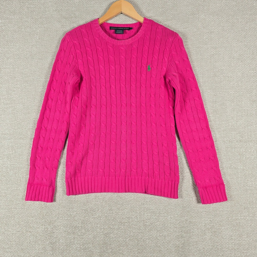 Ralph Lauren Sport Pink Cable Knit Sweater Womens Small Cotton Crew Neck Pony